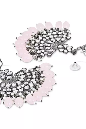 Navratri Ethnic Stylish Silver Oxidised Kundan Pearl Chandbali Earrings With Maang Tikka Set