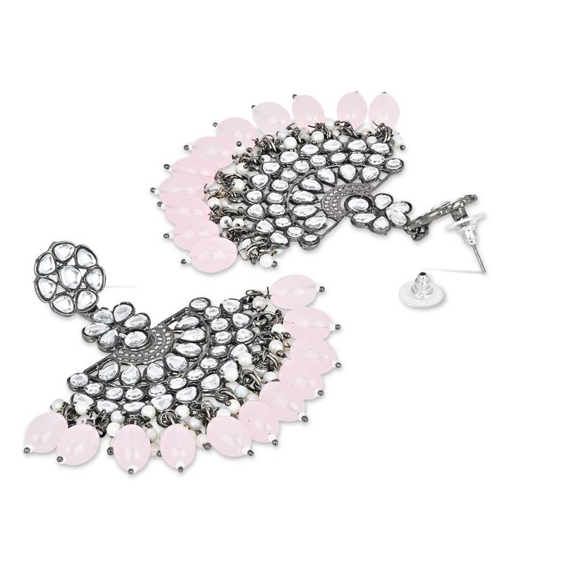 Navratri Ethnic Stylish Silver Oxidised Kundan Pearl Chandbali Earrings With Maang Tikka Set