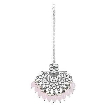 Navratri Ethnic Stylish Silver Oxidised Kundan Pearl Chandbali Earrings With Maang Tikka Set 3