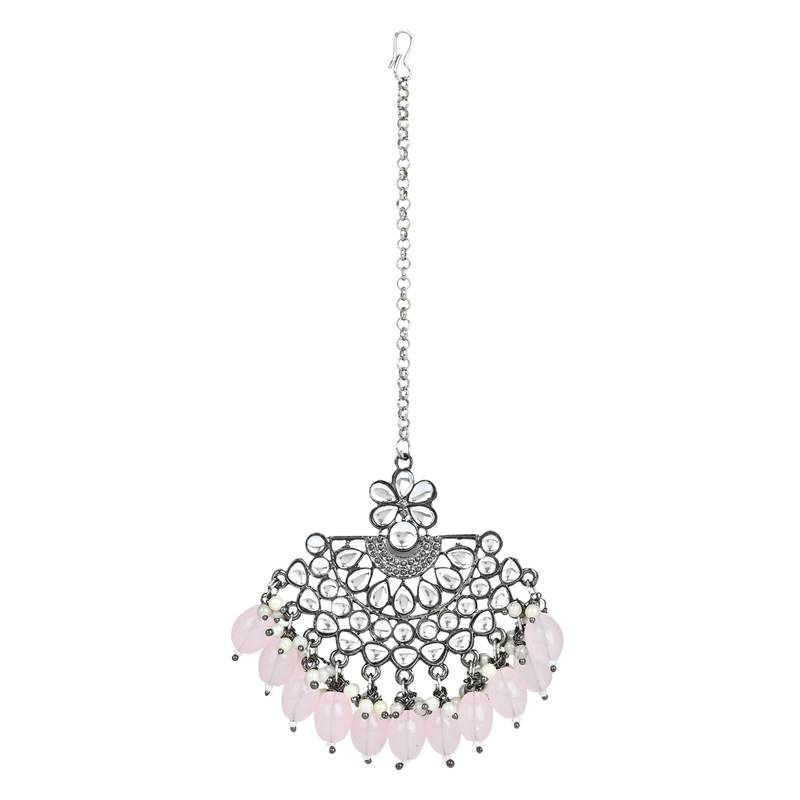 Navratri Ethnic Stylish Silver Oxidised Kundan Pearl Chandbali Earrings With Maang Tikka Set