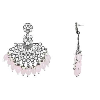 Navratri Ethnic Stylish Silver Oxidised Kundan Pearl Chandbali Earrings With Maang Tikka Set 4