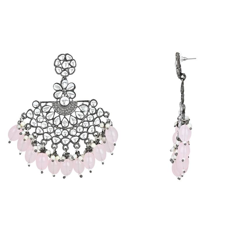 Navratri Ethnic Stylish Silver Oxidised Kundan Pearl Chandbali Earrings With Maang Tikka Set