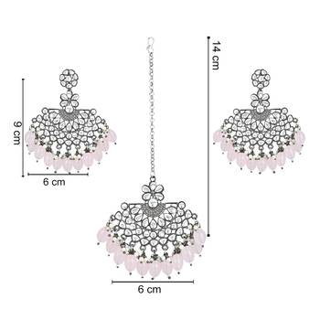 Navratri Ethnic Stylish Silver Oxidised Kundan Pearl Chandbali Earrings With Maang Tikka Set 5