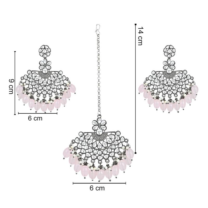 Navratri Ethnic Stylish Silver Oxidised Kundan Pearl Chandbali Earrings With Maang Tikka Set