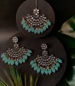 Navratri Ethnic Stylish Silver Oxidised Kundan Pearl Chandbali Earrings With Maang Tikka Set