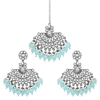 Navratri Ethnic Stylish Silver Oxidised Kundan Pearl Chandbali Earrings With Maang Tikka Set 2