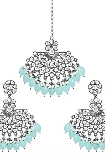 Navratri Ethnic Stylish Silver Oxidised Kundan Pearl Chandbali Earrings With Maang Tikka Set