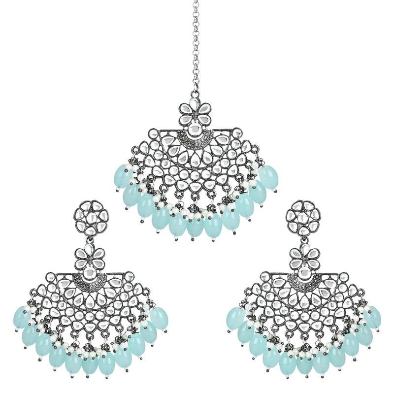 Navratri Ethnic Stylish Silver Oxidised Kundan Pearl Chandbali Earrings With Maang Tikka Set