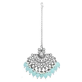 Navratri Ethnic Stylish Silver Oxidised Kundan Pearl Chandbali Earrings With Maang Tikka Set 3