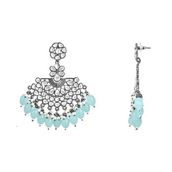 Navratri Ethnic Stylish Silver Oxidised Kundan Pearl Chandbali Earrings With Maang Tikka Set 4