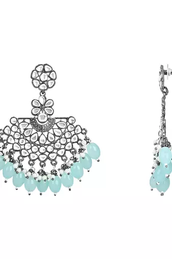 Navratri Ethnic Stylish Silver Oxidised Kundan Pearl Chandbali Earrings With Maang Tikka Set