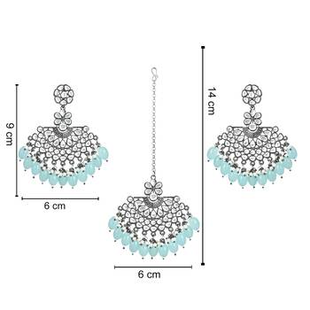 Navratri Ethnic Stylish Silver Oxidised Kundan Pearl Chandbali Earrings With Maang Tikka Set 5