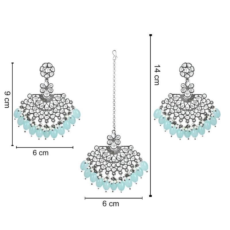 Navratri Ethnic Stylish Silver Oxidised Kundan Pearl Chandbali Earrings With Maang Tikka Set