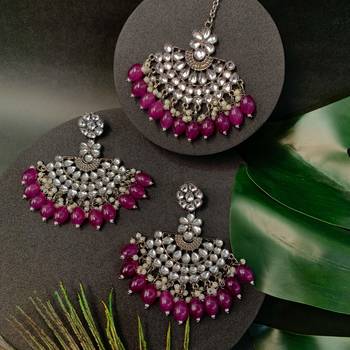 Navratri Ethnic Stylish Silver Oxidised Kundan Pearl Chandbali Earrings With Maang Tikka Set 1