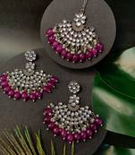 Navratri Ethnic Stylish Silver Oxidised Kundan Pearl Chandbali Earrings With Maang Tikka Set