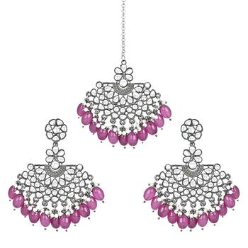 Navratri Ethnic Stylish Silver Oxidised Kundan Pearl Chandbali Earrings With Maang Tikka Set 2