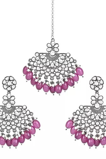 Navratri Ethnic Stylish Silver Oxidised Kundan Pearl Chandbali Earrings With Maang Tikka Set