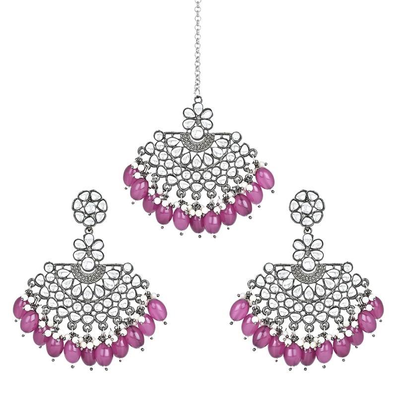 Navratri Ethnic Stylish Silver Oxidised Kundan Pearl Chandbali Earrings With Maang Tikka Set