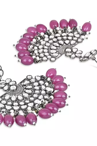 Navratri Ethnic Stylish Silver Oxidised Kundan Pearl Chandbali Earrings With Maang Tikka Set
