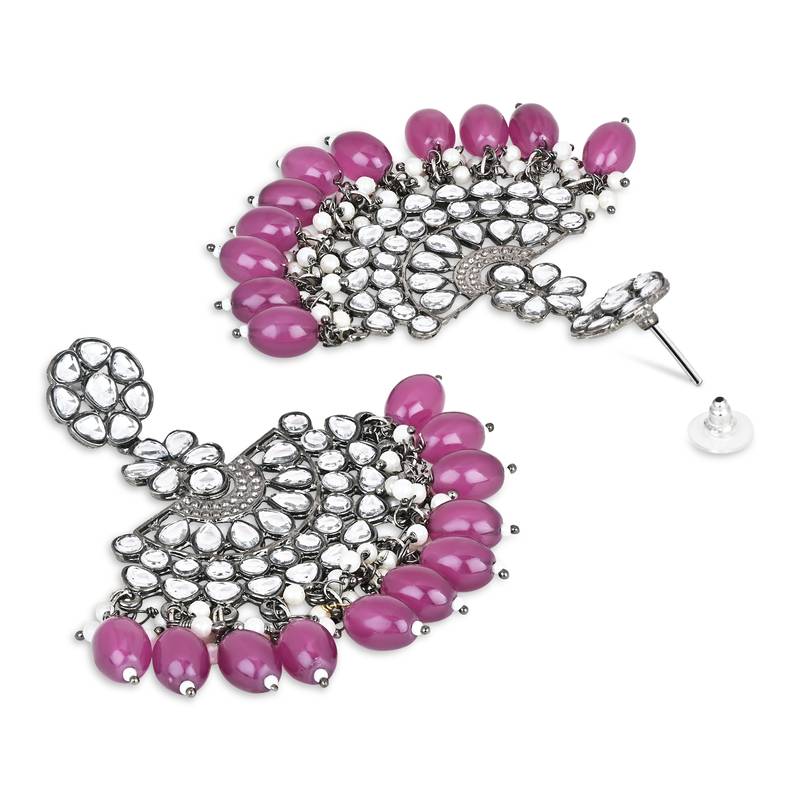 Navratri Ethnic Stylish Silver Oxidised Kundan Pearl Chandbali Earrings With Maang Tikka Set