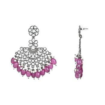Navratri Ethnic Stylish Silver Oxidised Kundan Pearl Chandbali Earrings With Maang Tikka Set 4