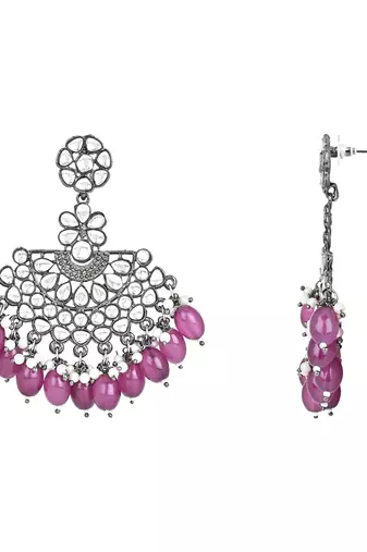Navratri Ethnic Stylish Silver Oxidised Kundan Pearl Chandbali Earrings With Maang Tikka Set