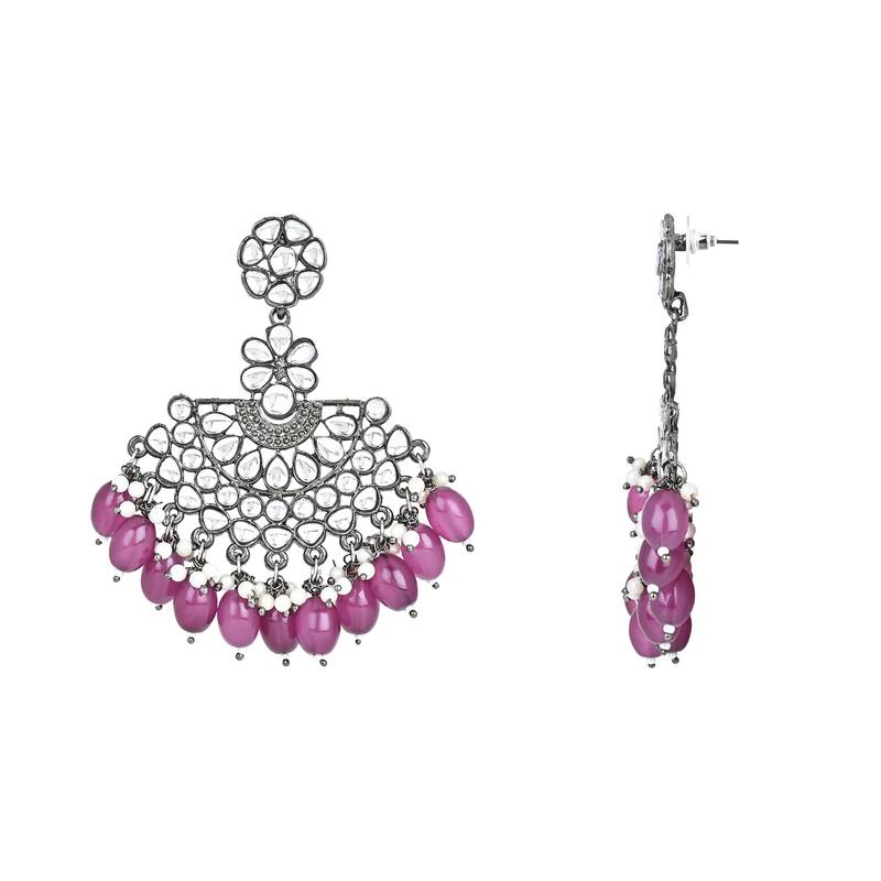 Navratri Ethnic Stylish Silver Oxidised Kundan Pearl Chandbali Earrings With Maang Tikka Set