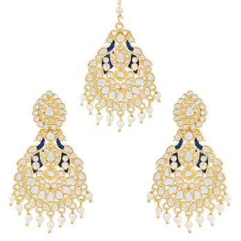 Traditional Kundan Pearl with Meena Work Chandbali Earrings with Maang Tikka Set 1