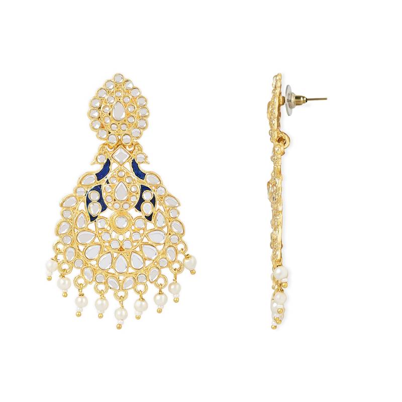 Traditional Kundan Pearl with Meena Work Chandbali Earrings with Maang Tikka Set