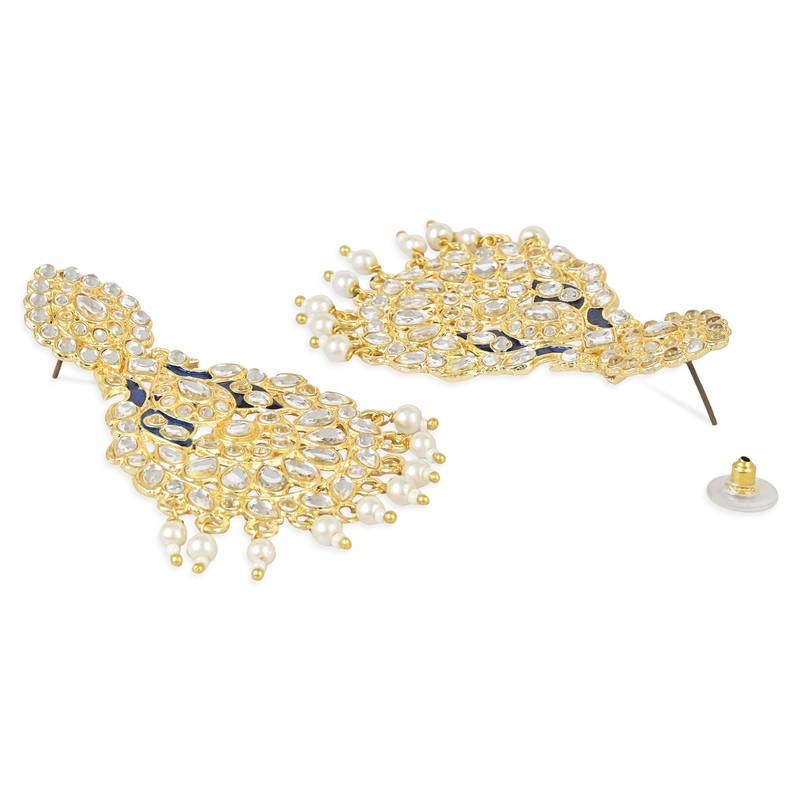 Traditional Kundan Pearl with Meena Work Chandbali Earrings with Maang Tikka Set