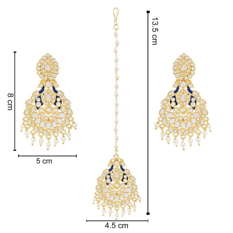 Traditional Kundan Pearl with Meena Work Chandbali Earrings with Maang Tikka Set