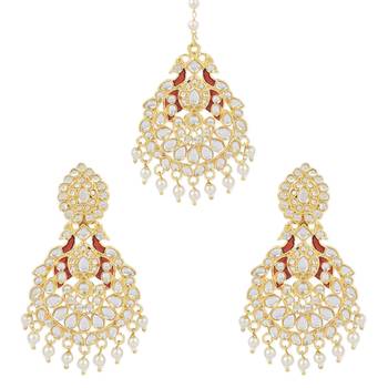 Traditional Kundan Pearl with Meena Work Chandbali Earrings with Maang Tikka Set 1
