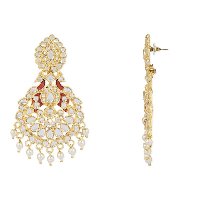 Traditional Kundan Pearl with Meena Work Chandbali Earrings with Maang Tikka Set
