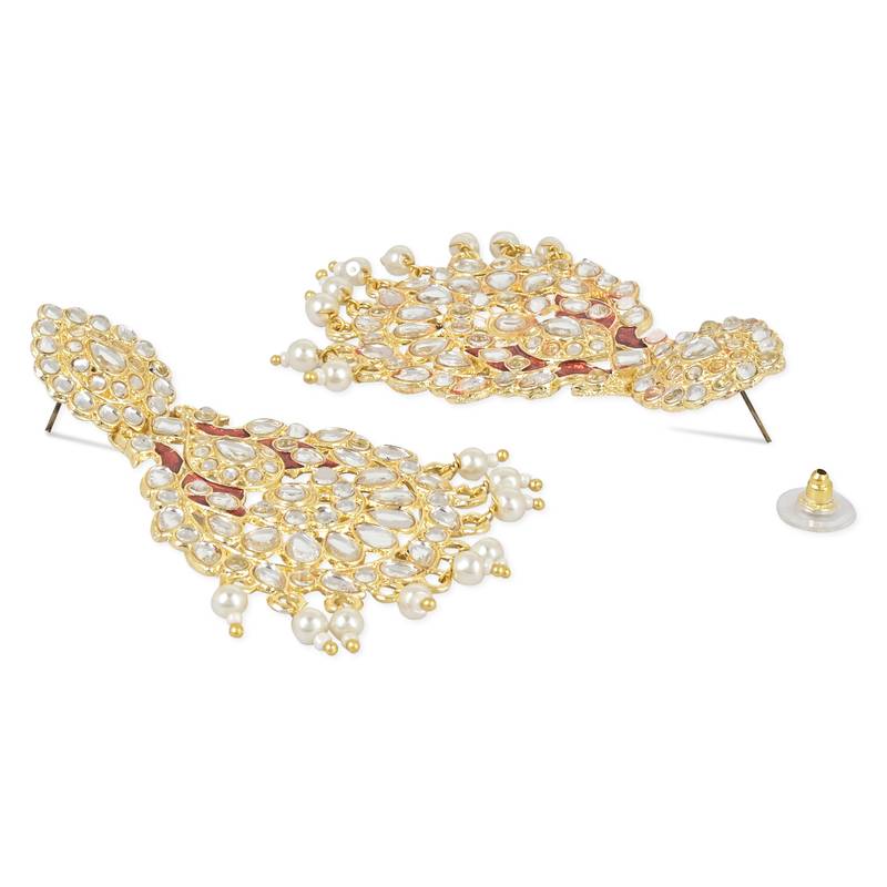 Traditional Kundan Pearl with Meena Work Chandbali Earrings with Maang Tikka Set