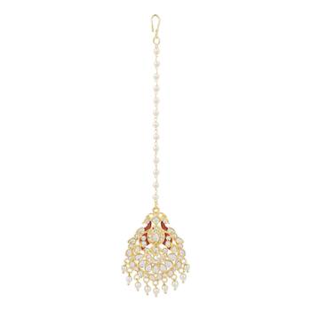 Traditional Kundan Pearl with Meena Work Chandbali Earrings with Maang Tikka Set 4