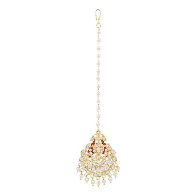 Traditional Kundan Pearl with Meena Work Chandbali Earrings with Maang Tikka Set