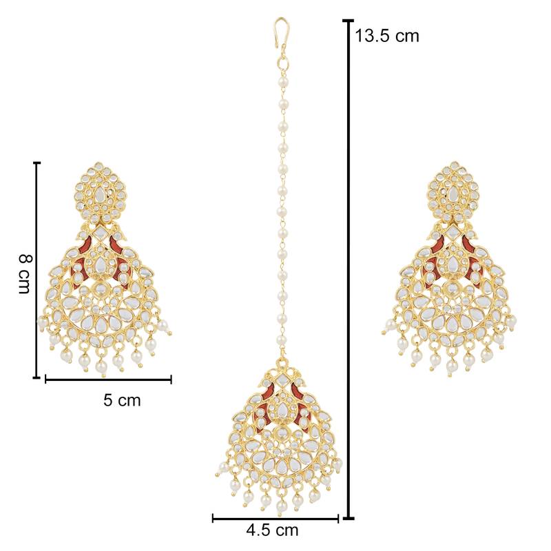 Traditional Kundan Pearl with Meena Work Chandbali Earrings with Maang Tikka Set