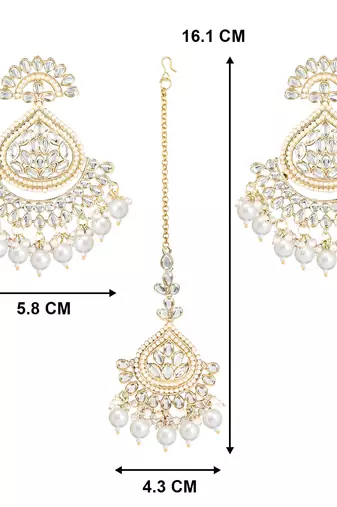 Traditional Kundan & Pearl Chandbali Earrings With Maang Tikka Set