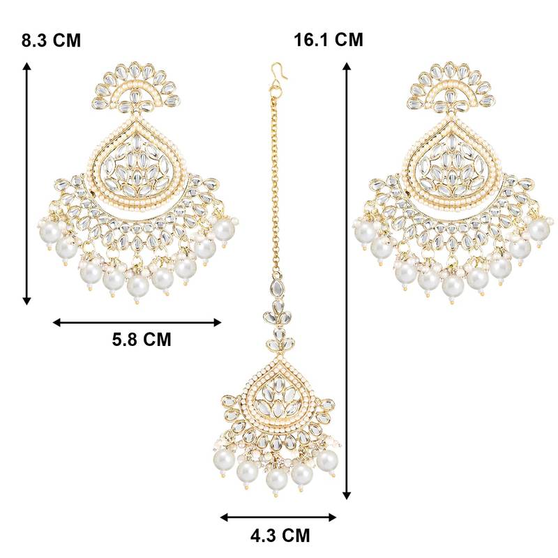 Traditional Kundan & Pearl Chandbali Earrings With Maang Tikka Set