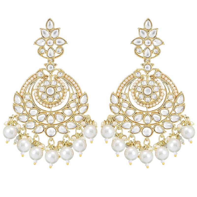 Traditional Kundan & Pearl Chandbali Earrings With Maang Tikka Set