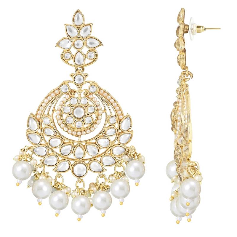 Traditional Kundan & Pearl Chandbali Earrings With Maang Tikka Set