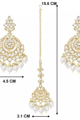 Traditional Kundan & Pearl Chandbali Earrings With Maang Tikka Set