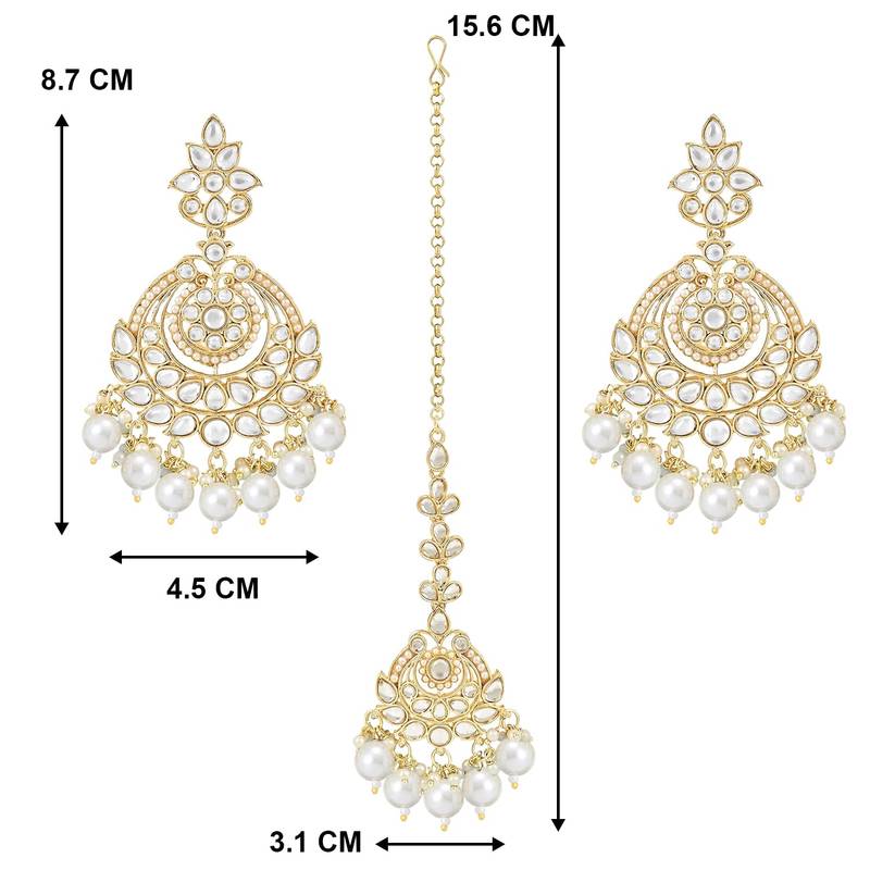 Traditional Kundan & Pearl Chandbali Earrings With Maang Tikka Set