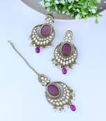 Traditional Pearl Hanging Kundan Stone Studed Chandbali Earring With Maang Tikka