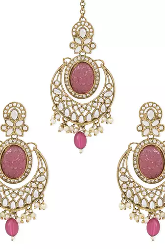 Traditional Pearl Hanging Kundan Stone Studed Chandbali Earring With Maang Tikka