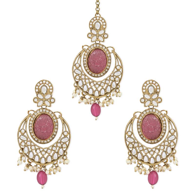 Traditional Pearl Hanging Kundan Stone Studed Chandbali Earring With Maang Tikka