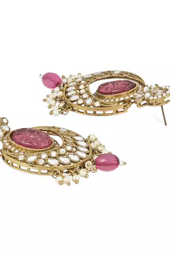 Traditional Pearl Hanging Kundan Stone Studed Chandbali Earring With Maang Tikka