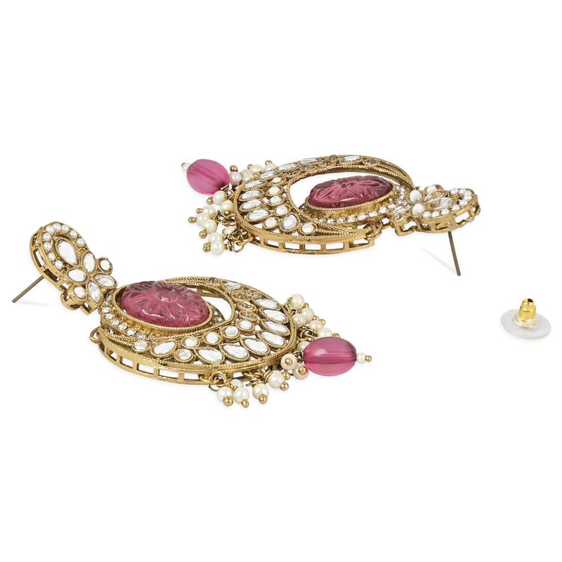 Traditional Pearl Hanging Kundan Stone Studed Chandbali Earring With Maang Tikka