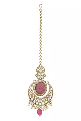 Traditional Pearl Hanging Kundan Stone Studed Chandbali Earring With Maang Tikka