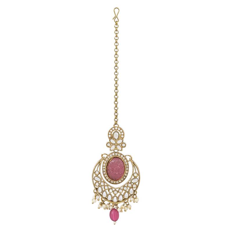 Traditional Pearl Hanging Kundan Stone Studed Chandbali Earring With Maang Tikka